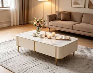 Modern Marble <b>Top</b> Coffee <b>Table</b> With Storage Metal Frame Living Room Furniture - Product Image 1