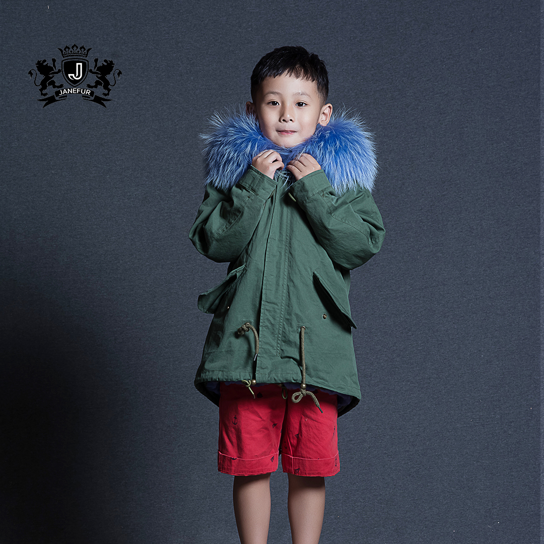 Latest Style Kids Fur Parka Denim Shell faux Fur Lined Fur Jacket Children Fashion Coat
