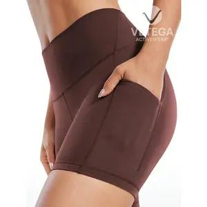 Shorts de Yoga Vetega de Cintura Alta para Mujer, Color Café Integral, Secado Rápido, Transpirables, Absorben la Humedad, Ajuste Holgado con Bolsillo, 92% P - Product Image 5
