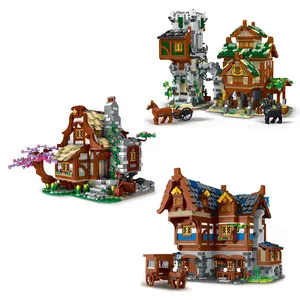 Beliebte mittelalter liche Serie Architektur Modell DIY Blöcke Spielzeug Mittelalter licher Wachturm und stabile Taverne Bauernhaus Spielzeug Backstein haus