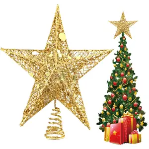 Christmas Star Tree Topper Gold Glittered Metal Hallow Tree Star Unique Design 8 Inches Fit for Home Decor