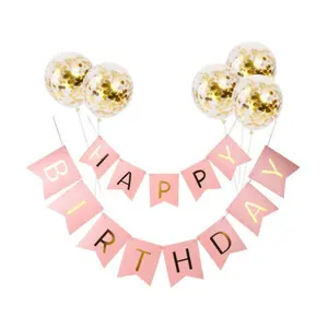 Hot sales Happy Birthday Banner pink, Unique Paper Birthday Bunting Flag Banner Balloon decoration party