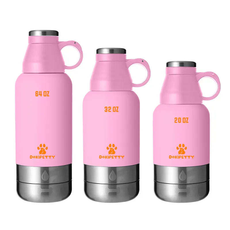 Stokta 3 in 1 paslanmaz çelik su şişeleri pet ürünleri 32/64oz büyük hacimli taşınabilir tek köpek su şişesi çanaklar