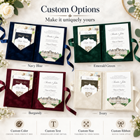 Suite d'invitations de mariage personnalisées en velours, avec pochette folio rigide, ruban en satin, monogramme doré et carte RSVP – Vente en gros