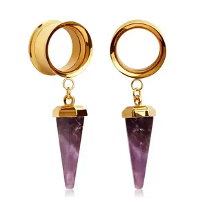 Pendiente de túnel para mujeres y hombres, expansor de botón de acero inoxidable hueco, dorado y morado