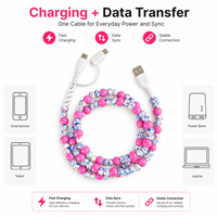 Chargeur de téléphone mignon et vibrant rose à pois avec perles, câble USB multifonction 3 en 1 à charge rapide, accessoires de voiture, cadeau pour femmes