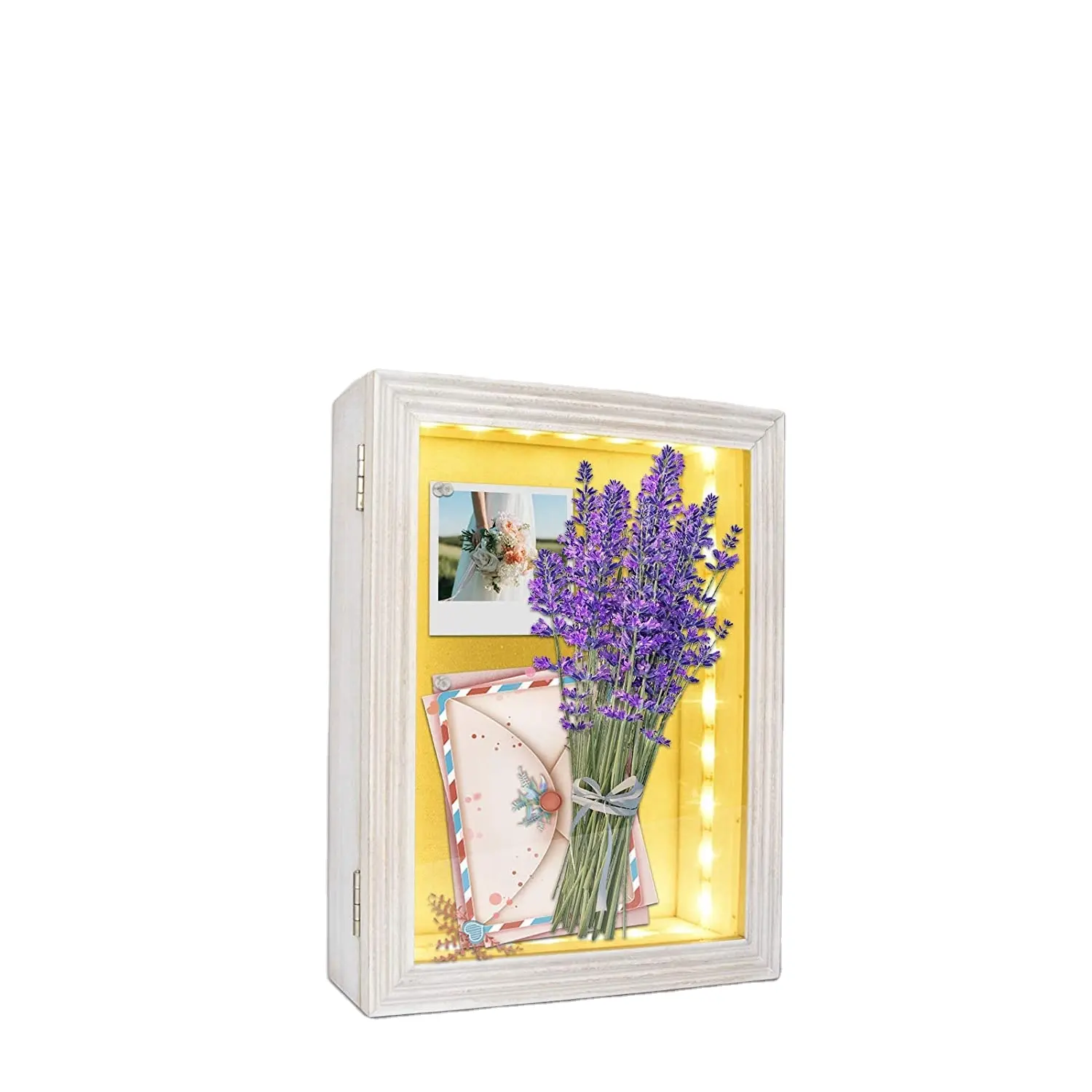 Rustik ülke tarzı LED 8x10 beyaz ahşap fotoğraf toplu satın dekoratif bellek mıknatıs büyük ışıklı gölge kutu çerçevesi ile çiçekler
