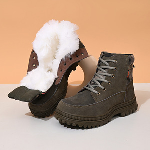 Men Snow <b>Boots</b> Thickened Warm Non Slip Leather Fur Lined Mid Heel Outdoor Winter Shoes Solid Color Front <b>Laces</b> - Product Image 3