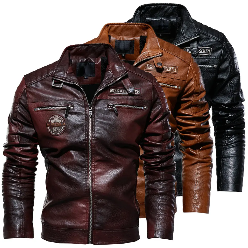 Plus Size Winter Warm Fleece Badge Zipper Pocket Designer Men Black Leather Jacket