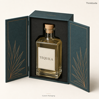 Boîte cadeau personnalisée pour tequila, double porte, en carton rigide, avec insert ajusté pour une seule bouteille et décorations en cuivre.