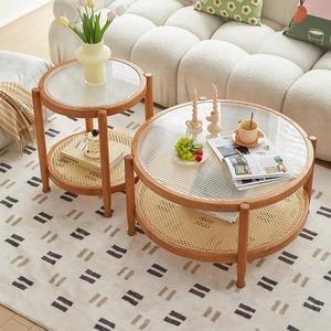 Wabi Sabi Style Japanese Solid Wood Rattan Coffee <b>Table</b> <b>Round</b> Nesting Living Room Sofa <b>Side</b> <b>Table</b> Natural Wood Color - Product Image 2