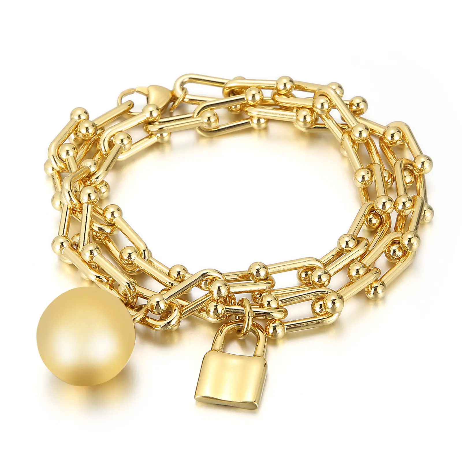 Personality Lock Bead Bracelets Bangles Woman Wholesale 18K Gold Plated Stainless Steel Jewelry Bracelets