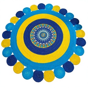 <b>Round</b> Bohemian Medallion Jute Area Rug Handcrafted Flat Weave Non-Slip Rubber Backing Living Room Floor <b>Mat</b> - Product Image 1