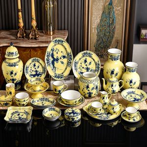 Luxury Yellow Floral Portable Ceramic Dinnerware <b>Set</b> Gold Rim Porcelain Plates Bowls <b>Cups</b> Teapot Vases Eco-friendly Dishwasher - Product Image 1