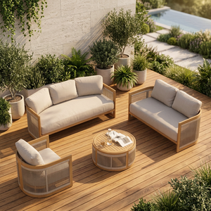 Modern Outdoor Teak <b>Sofa</b> <b>Set</b> with Waterproof Cushions Customized Colors for Courtyard Garden Hotel Use Contemporary Design - Product Image 2