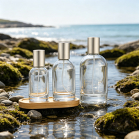 Flacon de parfum rond en verre vide de 50 ml avec bouchon pulvérisateur, qualité laboratoire, emballage en boîte sérigraphié, modèle Posee Beauty PB-S73