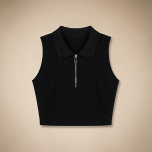 Custom Logo Embroidery Lace Button <b>Black</b> Sleeveless Women's Summer Half Zipper Tank <b>Top</b> Slim Casual Silk/Cotton Breathable - Product Image 3