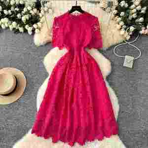 Robe midi décontractée vintage d'été pour femme, coupe ajustée, manches courtes, dentelle ajourée noire, vente en gros - Product Image 1