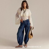 Pantalon Ballon Plissé en Jean de Coton Taille Moyenne Ample Jambe Large Style Bohème Chic Français Printemps 2026 Vente en Gros