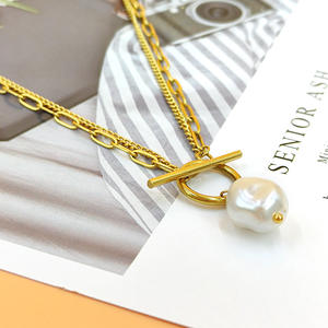 18K PVD金巴洛克珍珠项链时尚2层Halskette防水不锈钢链OT扣吊坠女性饰品 - Product Image 2