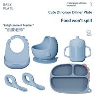 Ensemble d'alimentation pour bébé dinosaure de dessin animé, très populaire, assiette en silicone, bol, fourchette, cuillère et bavoir pour la diversification alimentaire des enfants