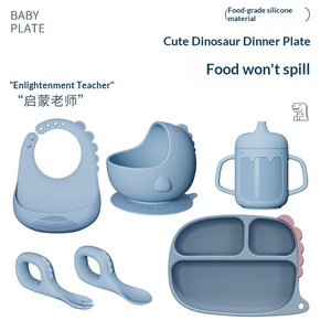 Juego de Platos de Silicona con Dibujos Animados de Dinosaurios para Bebés, Juego de Platos para la Cena, Tazón para Alimentos Complementarios para Niños, Tenedor, Cuchara, Baberos - Product Image 3