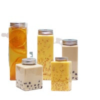 Bouteilles carrées en plastique de jus de smoothie réutilisables transparentes de 12oz 350ml avec couvercles et couvercles pour réfrigérateur