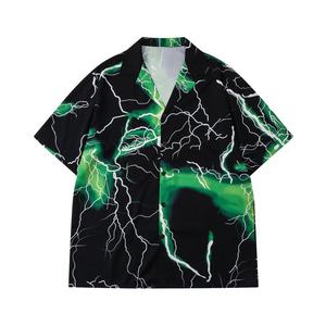 Ensemble décontracté deux pièces hip-hop avec t-shirt à col revers et épaules tombantes à manches courtes, motif Thunder, et short oversize - Product Image 2