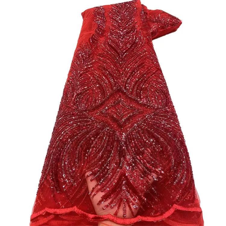 लाल कपड़े 5 गज की दूरी पर Voile फीता कपड़े अफ्रीकी स्विस सेक्विन फ्रेंच Tulle मनके फीता