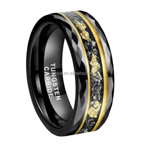 POYA Unisex 8mm Schwarz/Silber/Gold gehämmerter Wolfram <span class=keywords><strong>ring</strong></span> Gold Liner Meteorit Rasieren & Blattgold Inlay Eleganter Herren Ehering - Product Image 2