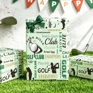 Papier cadeau sur le thème du golf, papier spécial double face avec silhouettes de clubs et de balles et design textuel pour l'emballage - Product Image 1