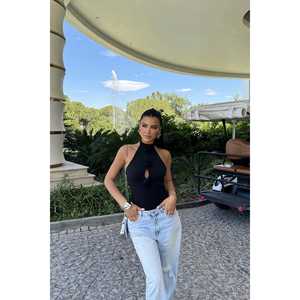 Body negro floral con lazo y detalles calados, estilo Y2K casual, largo por encima de la rodilla, tejido de punto primaveral con técnicas de lavado. - Product Image 5