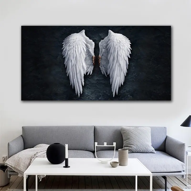 家の居間の寝室のための現代的なキャンバスの壁の装飾家の装飾OEMのための黒い白い天使の翼の壁画と芸術