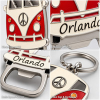 Llavero abridor de botellas de metal esmaltado con diseño de autobús camper vintage de fábrica SEDEX, personalizado al por mayor, estilo Orlando, para colección de recuerdos turísticos