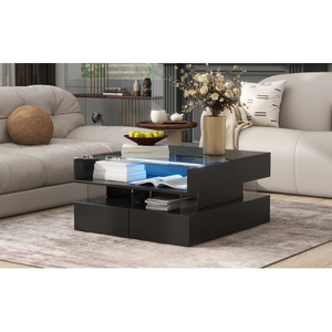 Mesa de Centro Convertible con Tapa Elevable y 2 Cajones, Diseño Cuadrado Moderno, Tapa de Vidrio y Luces LED para Comedor/Sala de Estar - Product Image 6