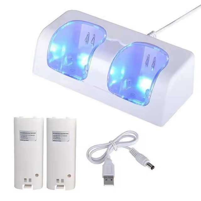 Complete Wii Charging Station Kit Dual Port Dock for Remote Controller & Gamepad with Batteries and Cable