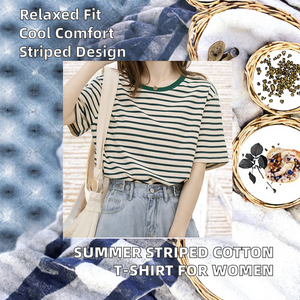 Camisetas Casuales de Verano con Cuello Redondo y Manga Corta para Mujer, 100% Algodón, Camiseta a Rayas Transpirable, Tees Estampados de Punto - Product Image 3