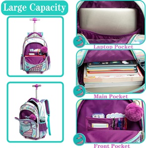 Mermaid Rolling Girls Sac à dos avec roues Sac d'école Trolley Bagages de voyage avec boîte à lunch pour étudiant d'âge préscolaire - Product Image 3