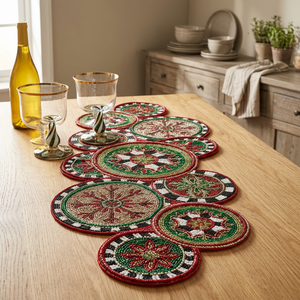 Embroidered Geometric Table <b>Runner</b> <b>Red</b> Green Traditional Cloth Home Decor Washable - Product Image 1