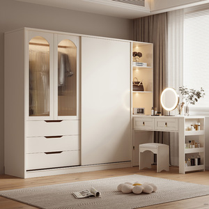 Cream Colored Solid Wood Wardrobe Modern Minimalist Style Storage Cabinet With <b>Desk</b> Integrated Bedroom Furniture - Product Image 2