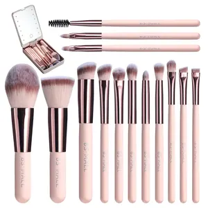 BS-MALL 2024 Portable Travel Makeup Brushes 14PCS Pink Gold Custom Logo Makeup Brushes with LED Mirror Case