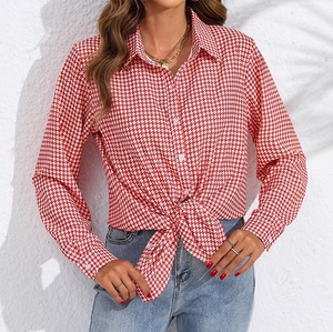 Camicetta Elegante da Donna Oversize in Poliestere con Stampa Pied-de-Poule a Maniche Lunghe per Uso Quotidiano - Product Image 5