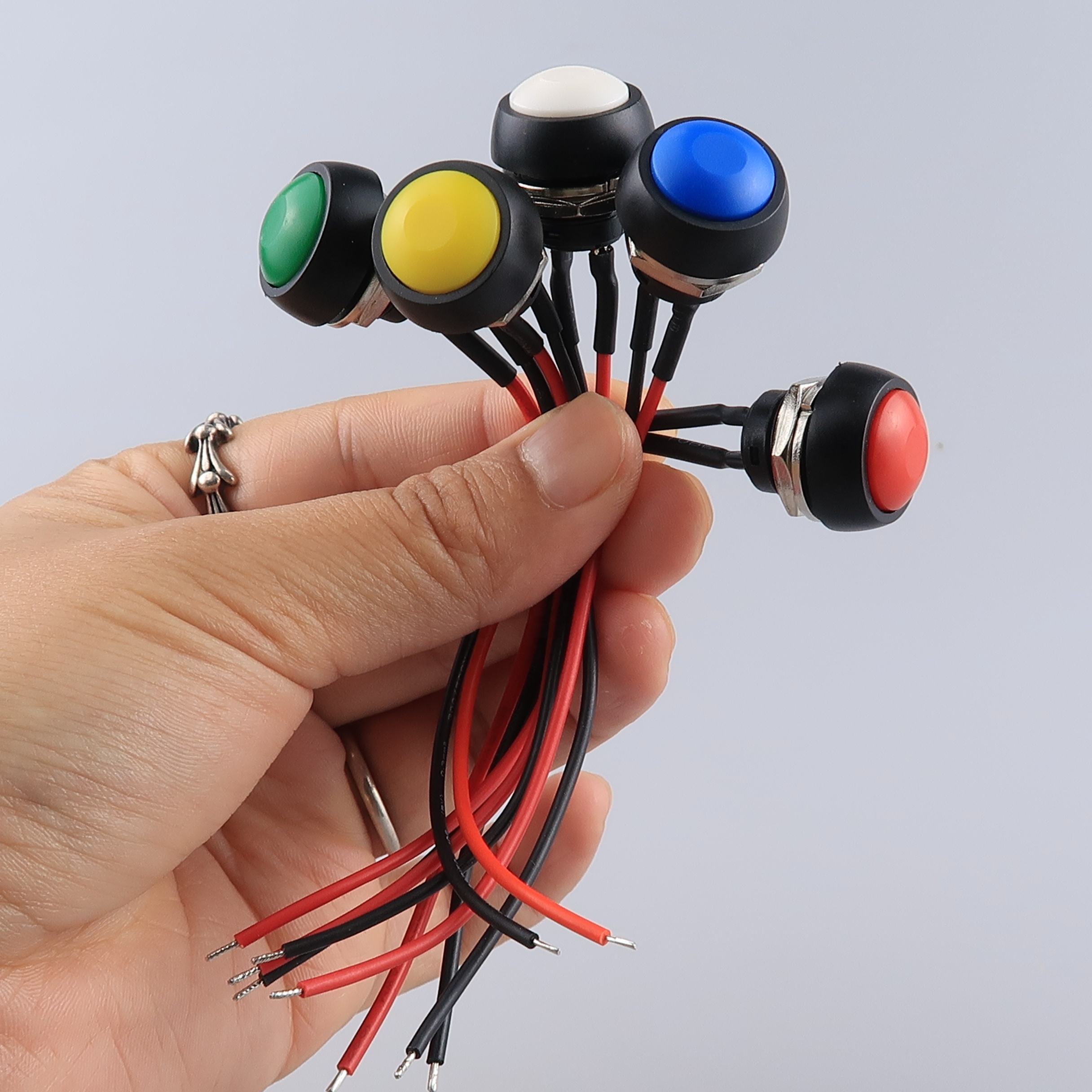 12mm Momentary Push Button Switch 1/2 Mounting Hole on Off Mini Round Waterproof 5 Color with Pre-soldered Wires PBS-33B