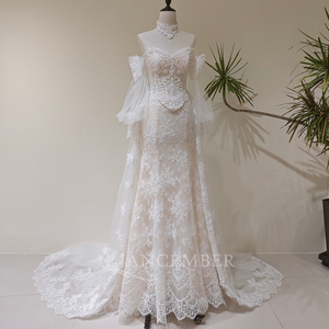 Robes de mariée sirène modernes LY86, longues, en dentelle, avec fleurs en cristal brodées - Product Image 1