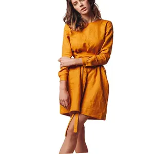 2023 Women Clothing Spring Wrap Crew Neck Loose Dresses Bandage Casual Elegant Dress Long Sleeve Linen Midi Dress With Belt