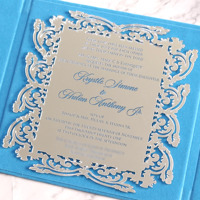 Edle Blaue Samt-Hardcover-Einladungshüllen mit Anpassbarem Monogramm LOGO Lasergeschnittener Silber-Spiegel Acryl Hochzeitseinladung