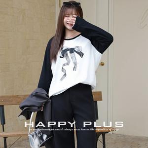 T-shirt à manches longues raglan pour femme Happy Plus, bleu clair, blanc, taille plus, imprimé nœud tricoté, nouvelle collection automne - Product Image 2