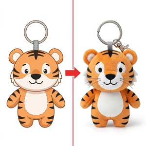 Porte-clés personnalisé en peluche tigre, inspiré de votre croquis de bête de la jungle, avec anneau métallique bicolore et rayures noires - Product Image 1