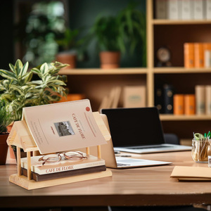 Étagère à livres triangulaire en bois, couleur bois naturel, design minimaliste, bibliothèque de table, support de lecture peu encombrant - Product Image 2