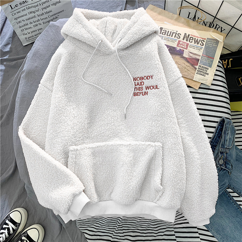 Hooded Sweatshirt Solid Pullover Winter Thick Warm Coat Lady Loose Fit Long Sleeve Tops Womens Hoodie